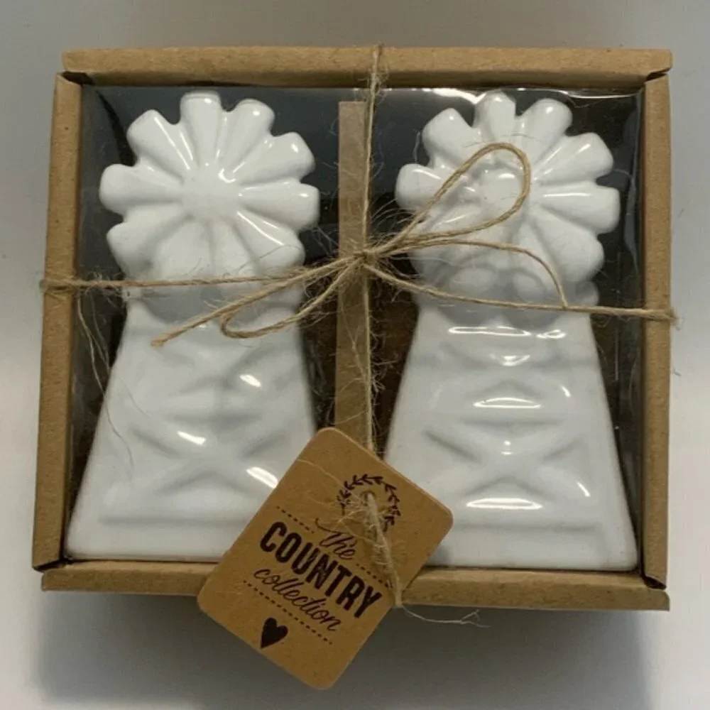 Farmhouse Windmill Salt and Pepper Shaker Gift Set Ceramic Classic White